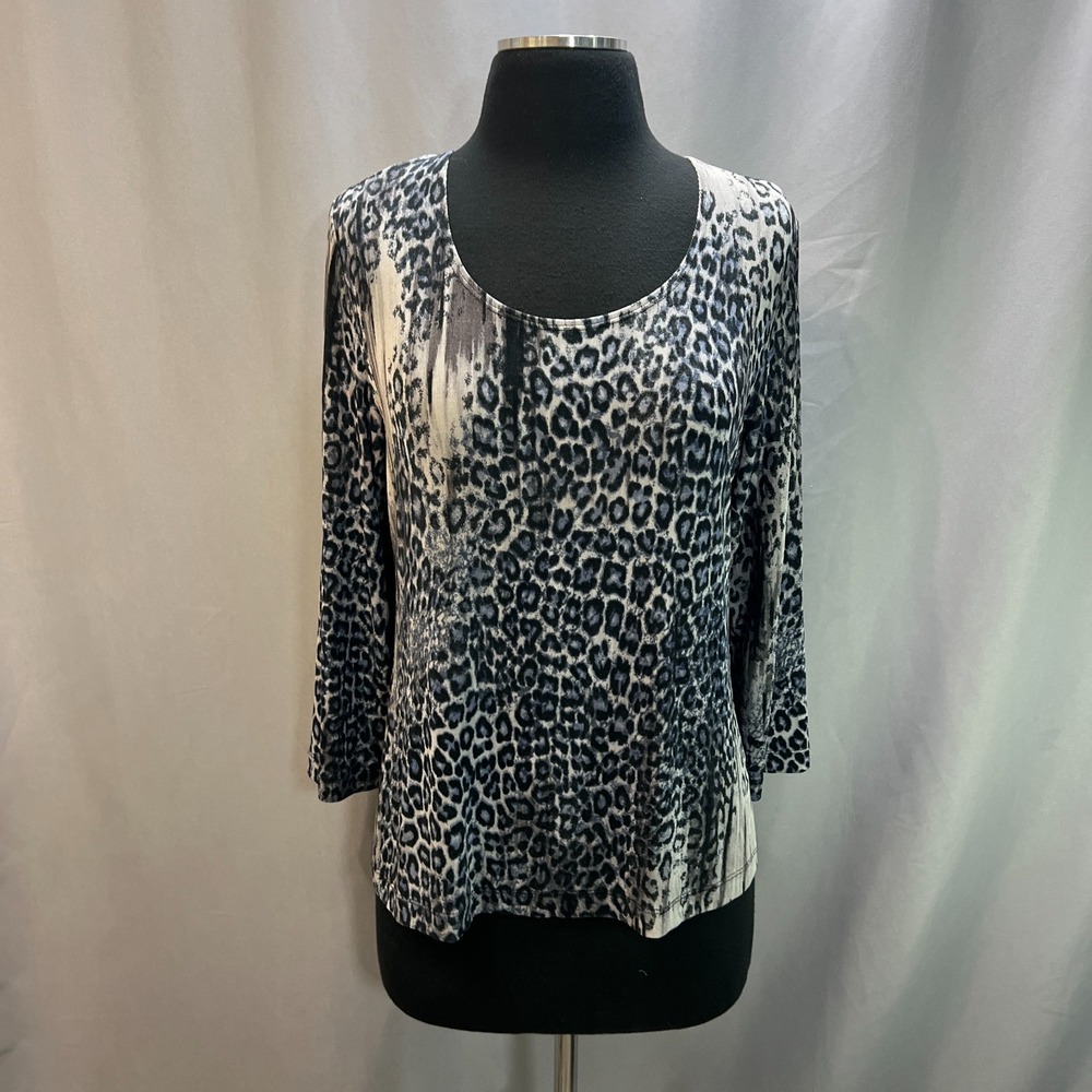 Chicos Travelers Blouse Top Womens Medium Multicolor Leopard Print Round Neck